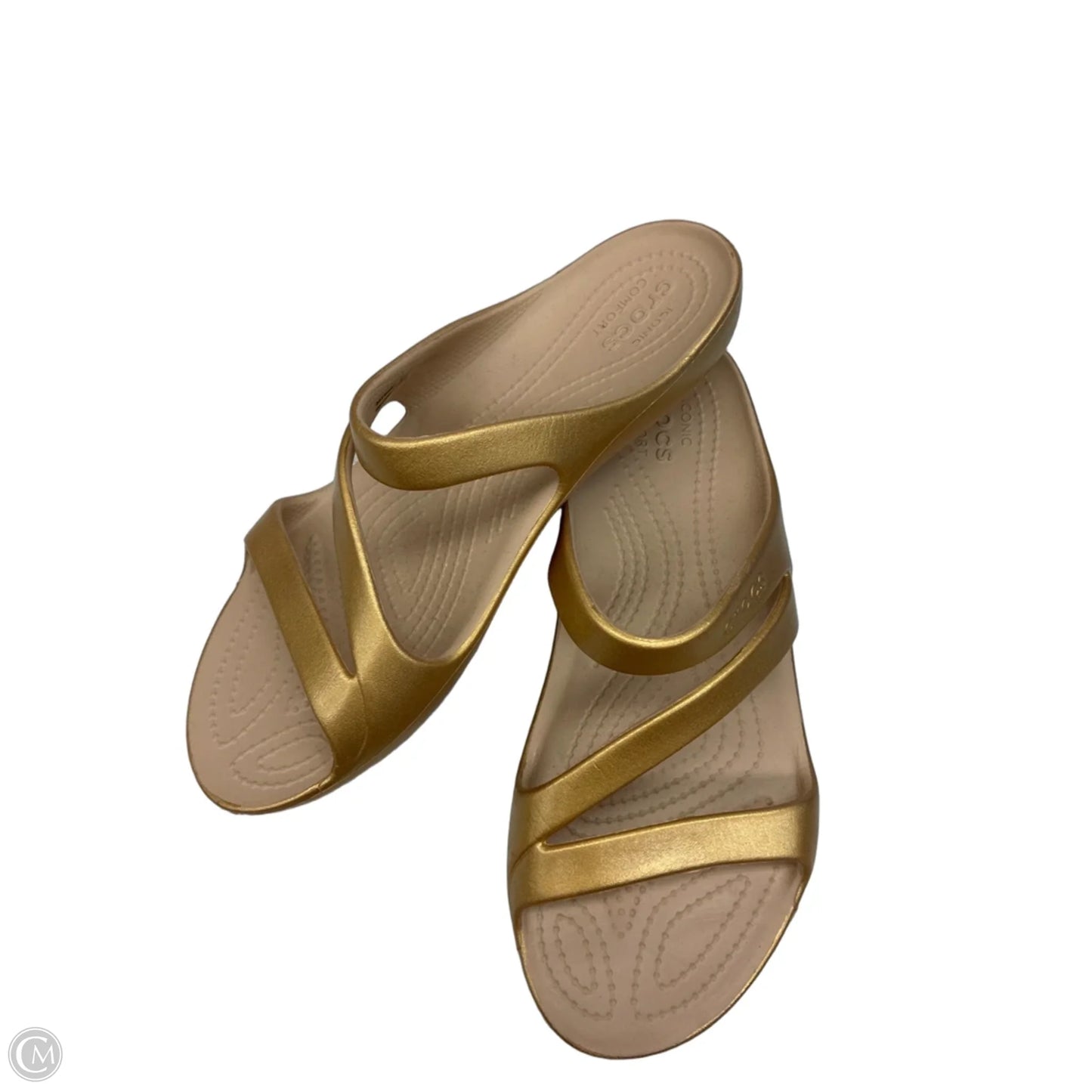 Sandals Flats By Crocs In Gold & Tan, Size: 8