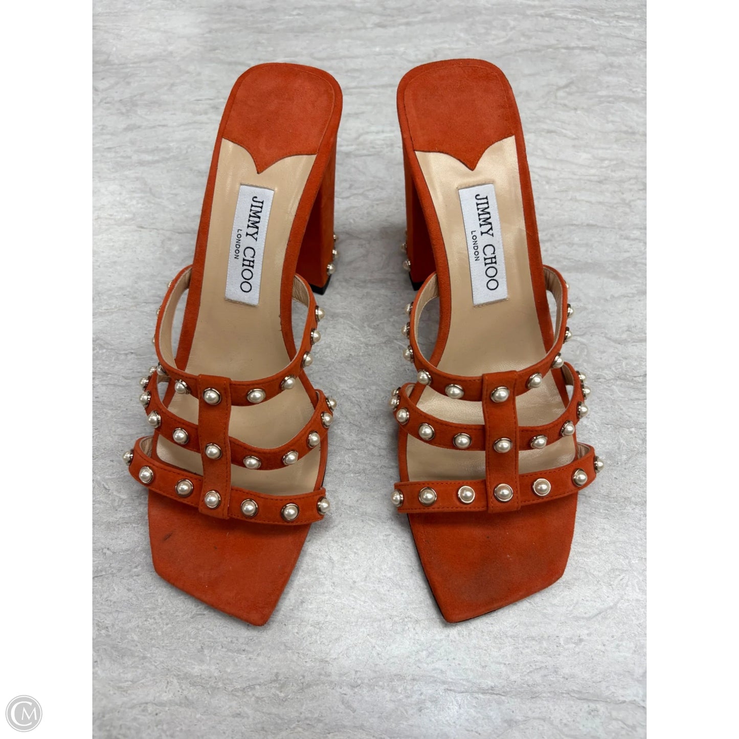 Sandals Luxury Designer By Jimmy Choo In Orange, Size: 12