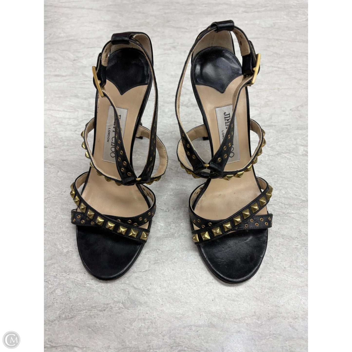 Sandals Luxury Designer By Jimmy Choo In Black & Gold, Size: 6