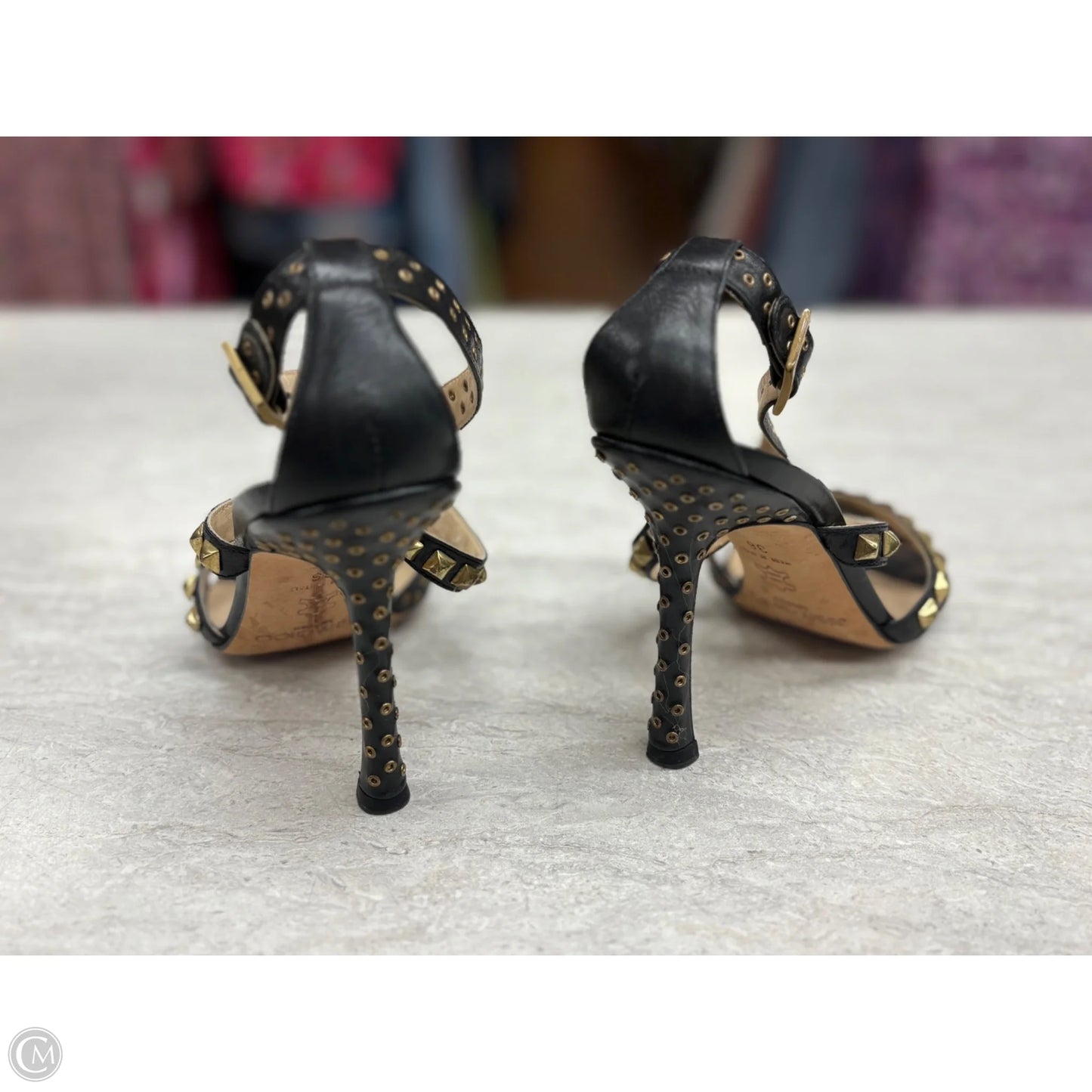Sandals Luxury Designer By Jimmy Choo In Black & Gold, Size: 6