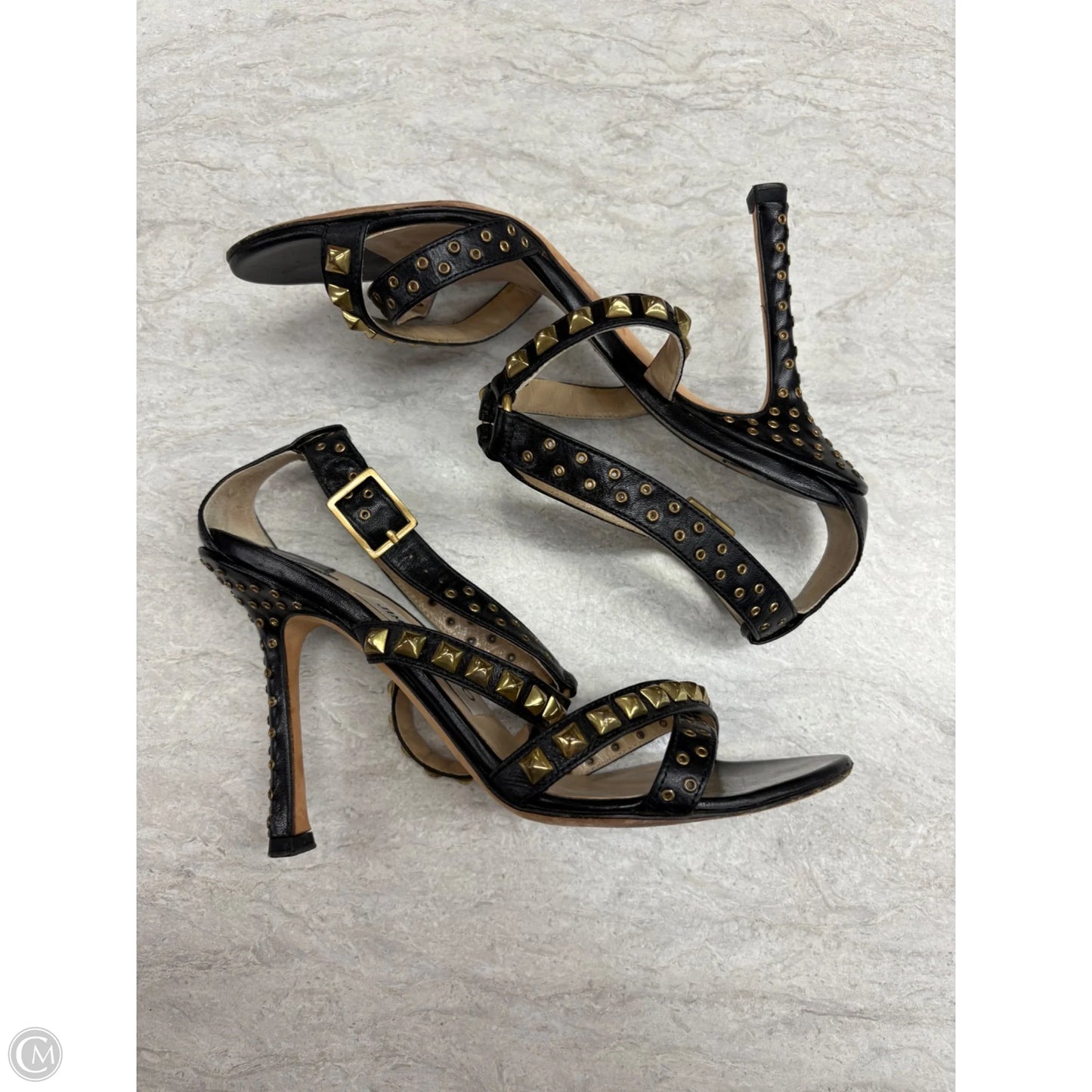 Sandals Luxury Designer By Jimmy Choo In Black & Gold, Size: 6