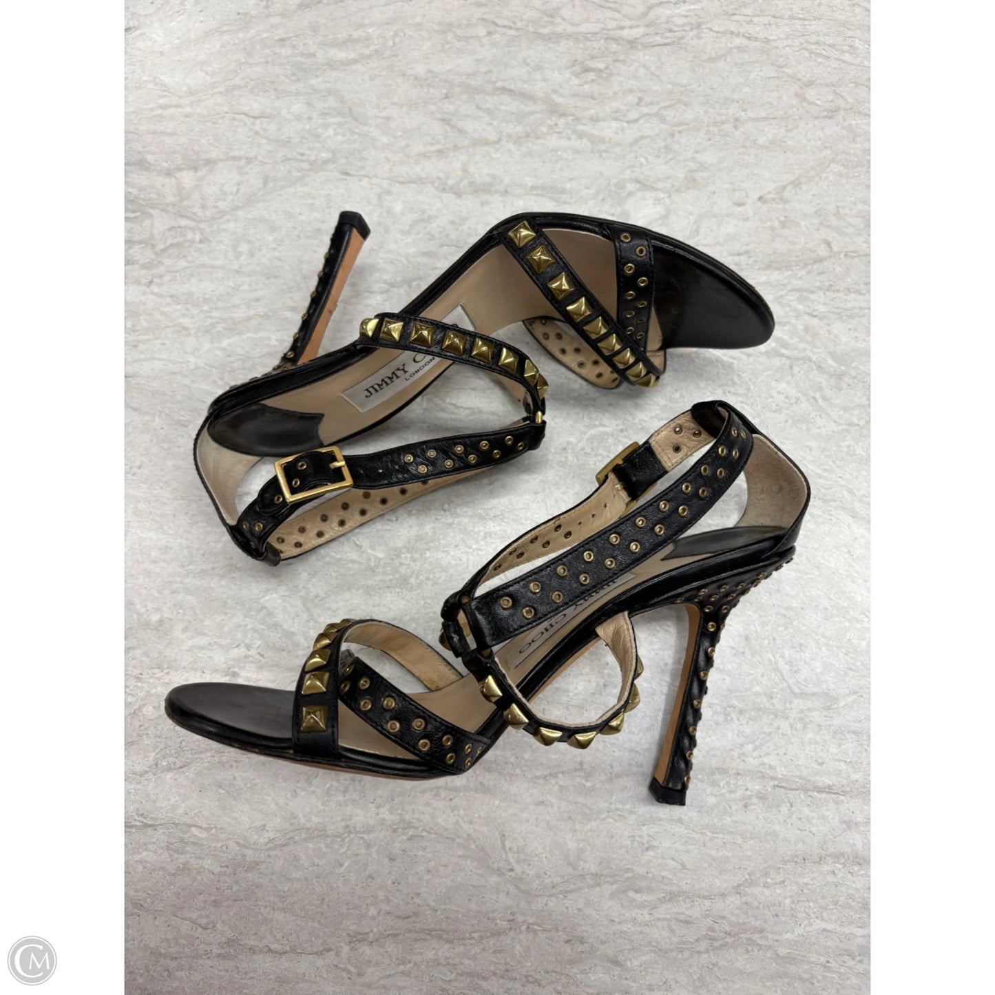Sandals Luxury Designer By Jimmy Choo In Black & Gold, Size: 6