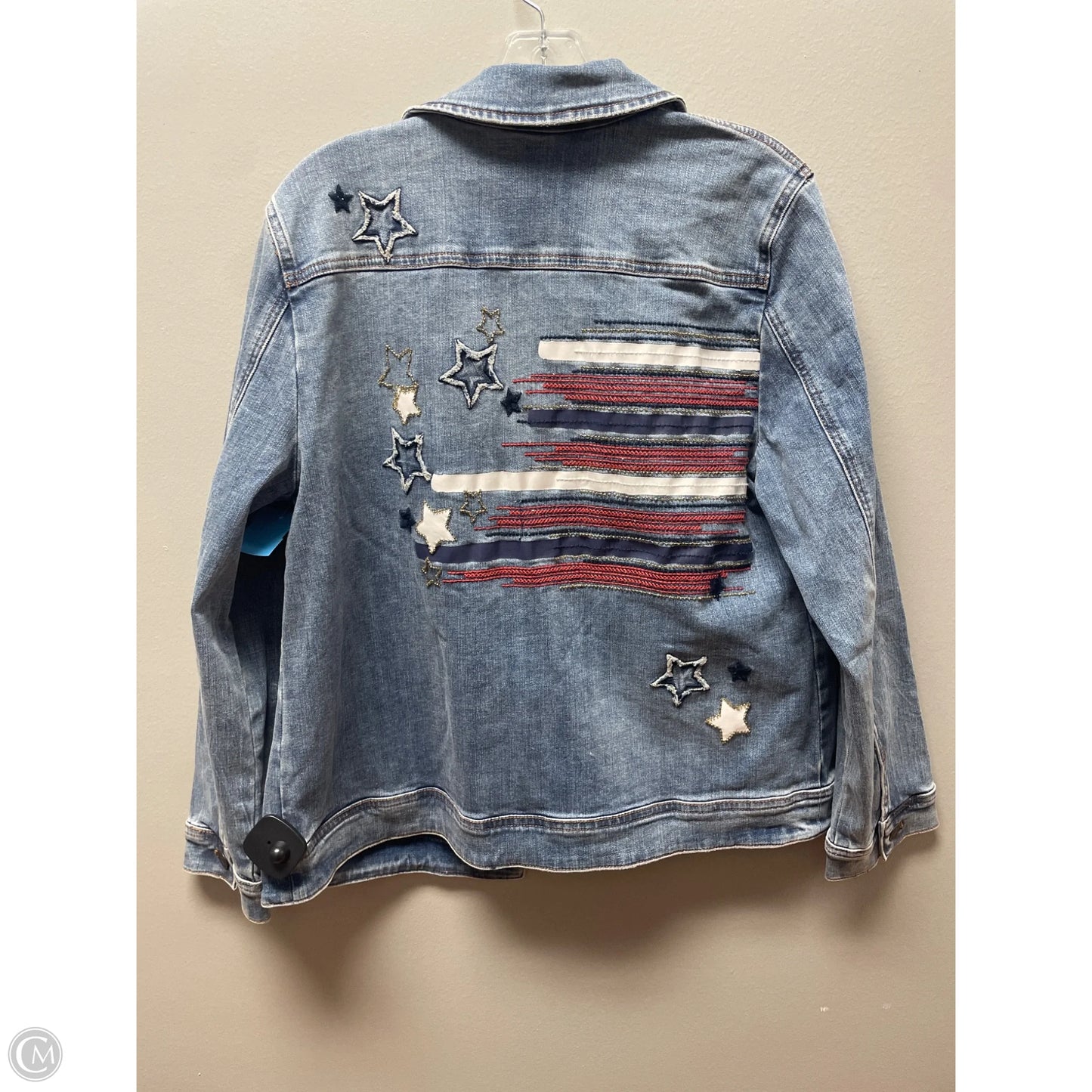Jacket Denim By Chicos In Blue Red & White, Size: L