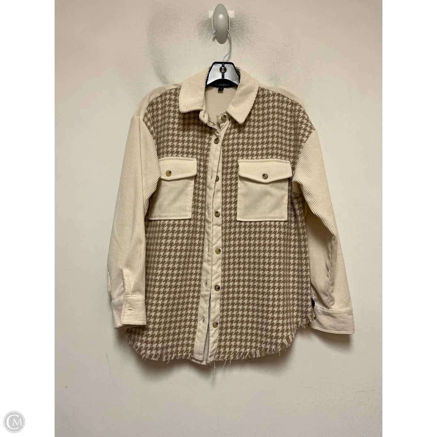 Jacket Shirt By Blu Pepper In Cream & Tan, Size: S