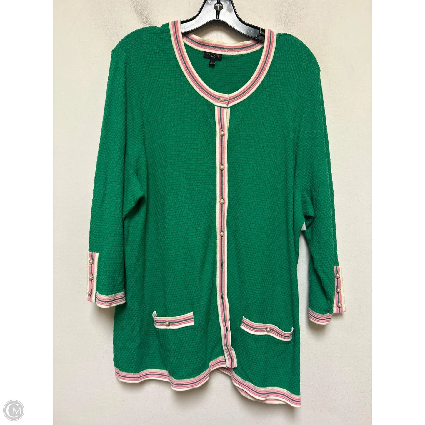 Sweater Cardigan By Talbots In Green & Pink, Size: 2x