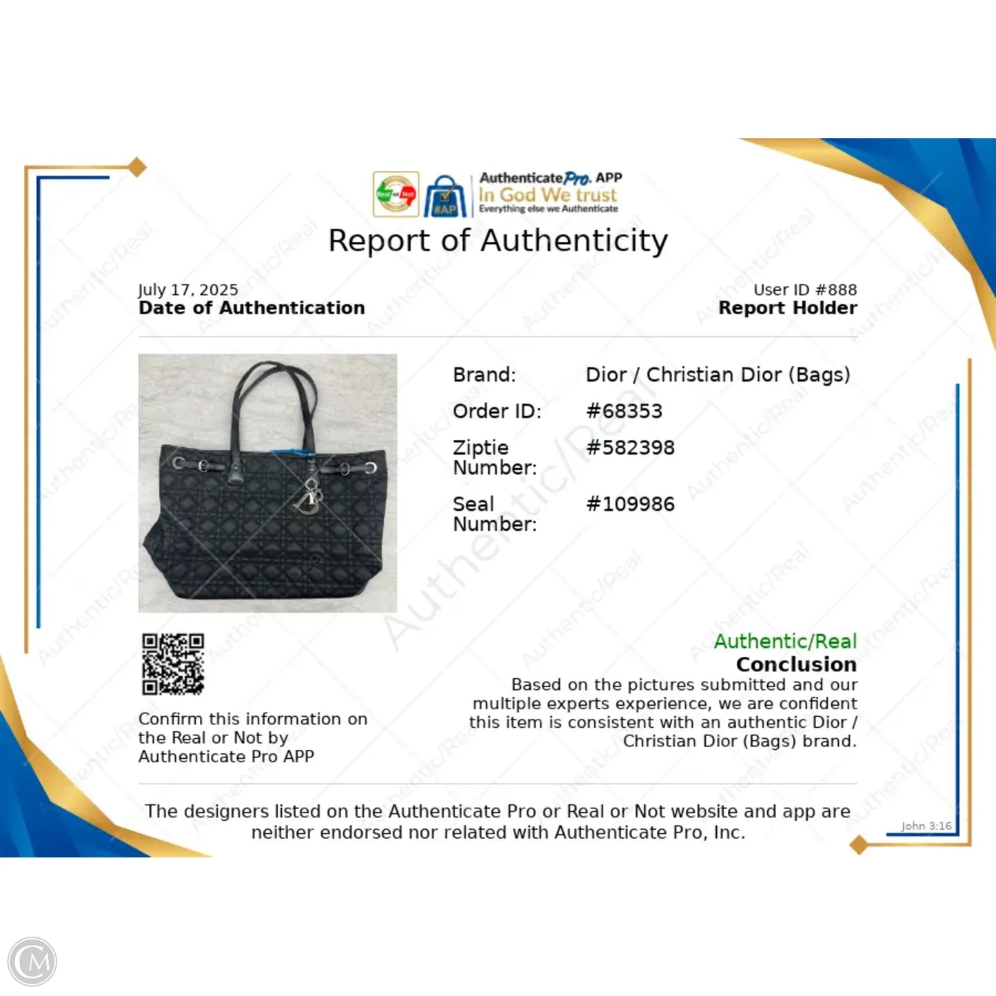 Handbag Designer By Dior, Size: Large