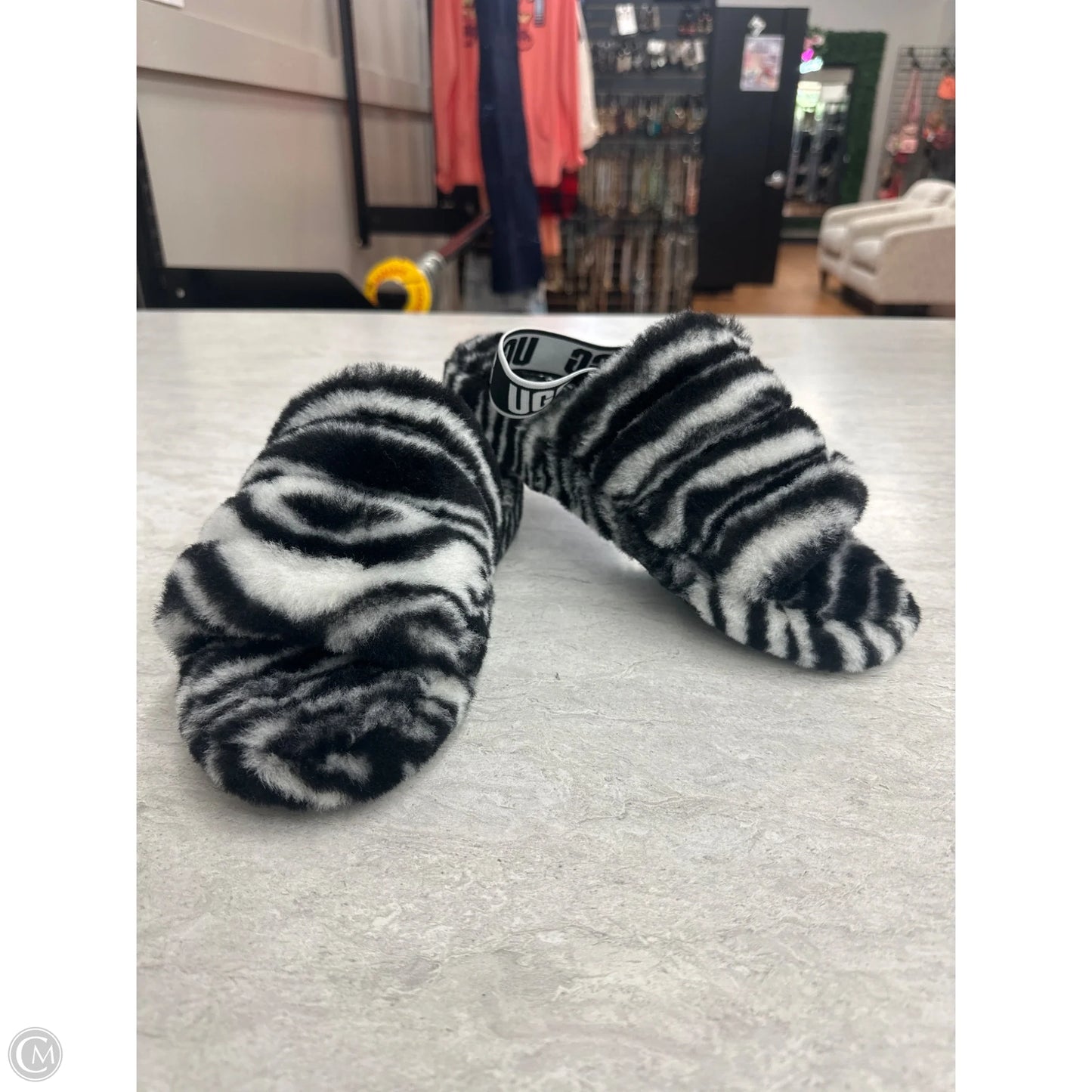 Slippers Designer By Ugg In Black & White, Size: 8