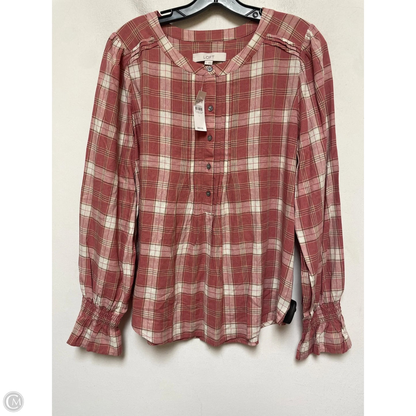 Top Long Sleeve By Loft In Plaid Pattern, Size: L
