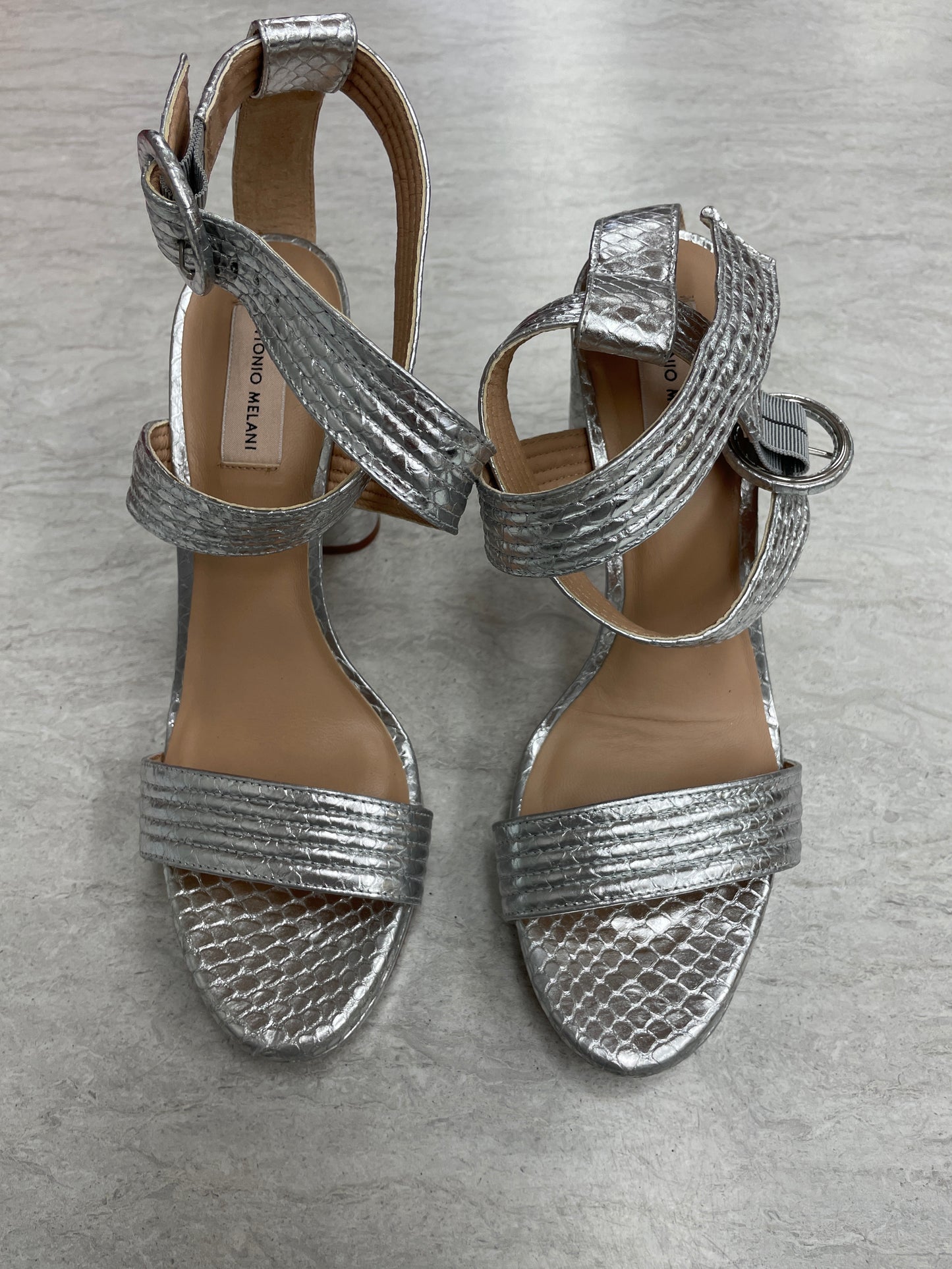 Silver Sandals Heels Block Antonio Melani, Size 11