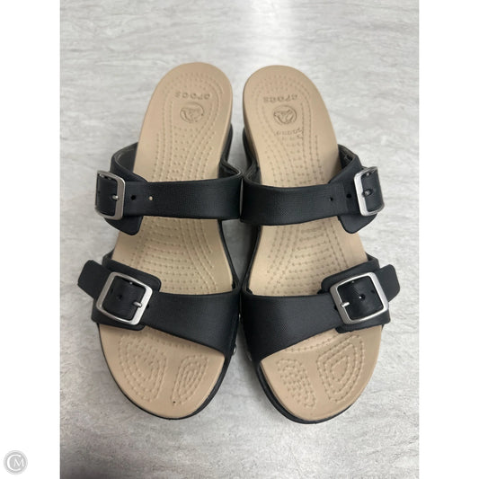 Sandals Heels Wedge By Crocs In Black & Tan, Size: 8