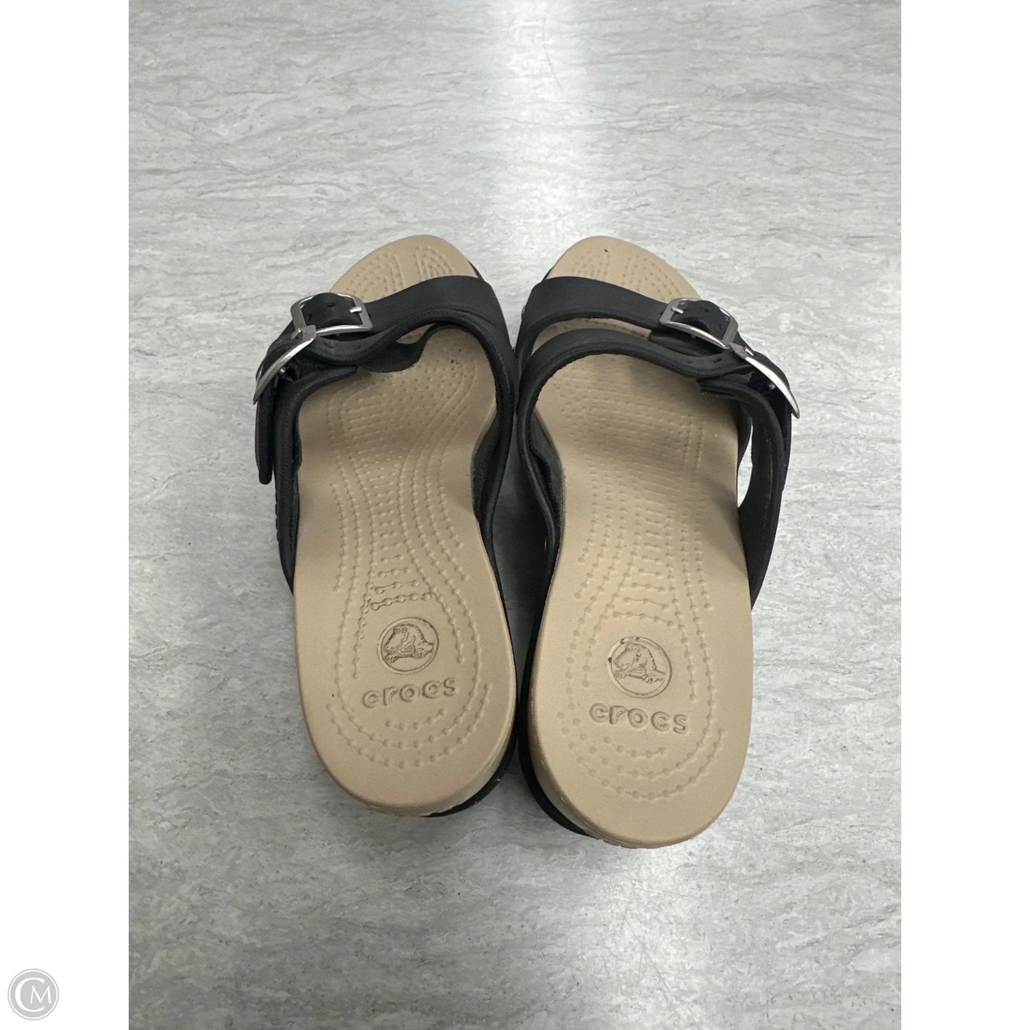 Sandals Heels Wedge By Crocs In Black & Tan, Size: 8