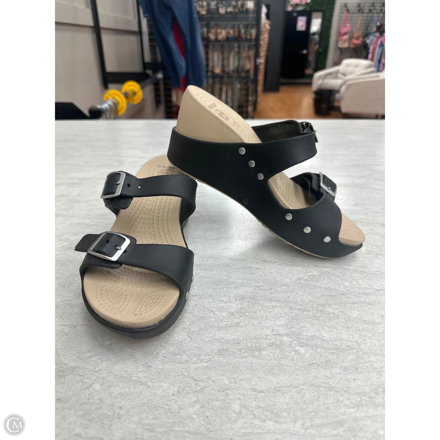 Sandals Heels Wedge By Crocs In Black & Tan, Size: 8