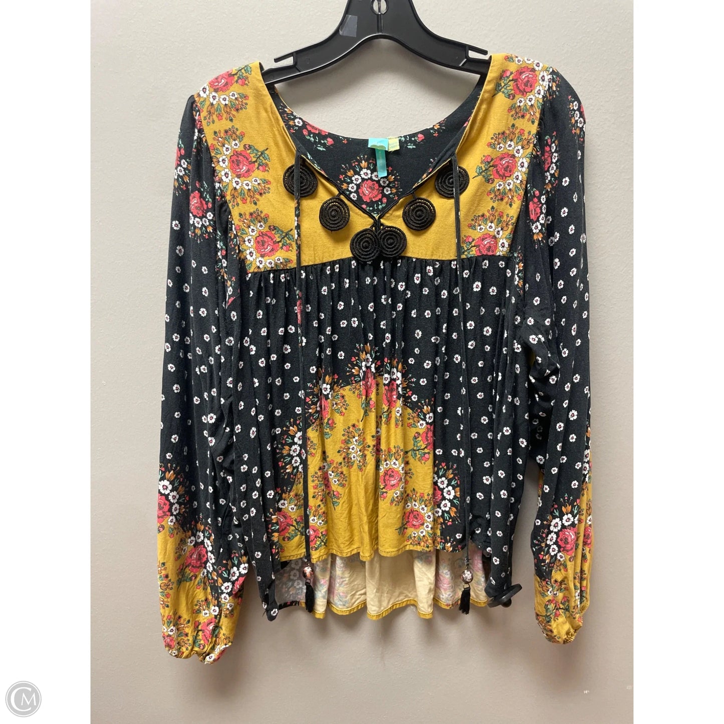 Top Long Sleeve By Farm Rio In Black & Yellow, Size: S