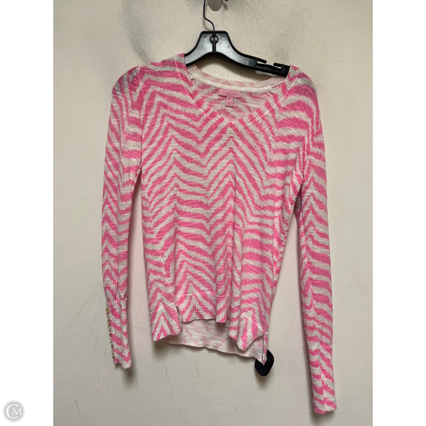 Top Long Sleeve Designer By Lilly Pulitzer In Pink & White, Size: Xs