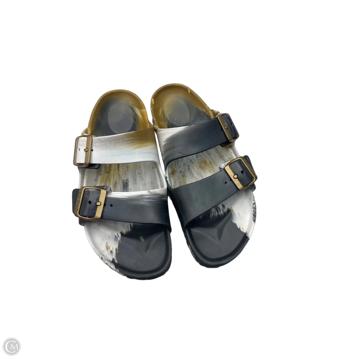 Sandals Flats By Birkenstock In Gold & Grey, Size: 9
