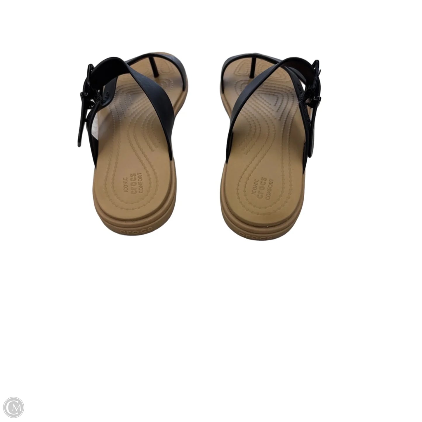 Sandals Flats By Crocs In Black & Tan, Size: 6