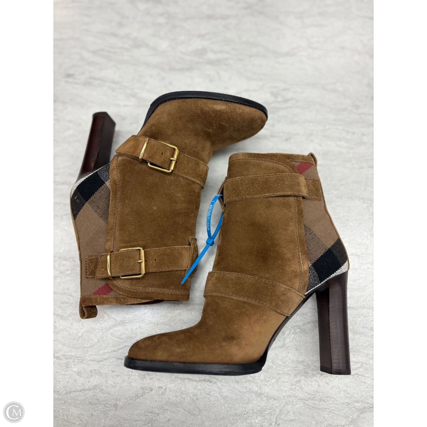 Boots Luxury Designer By Burberry In Brown, Size: 8.5