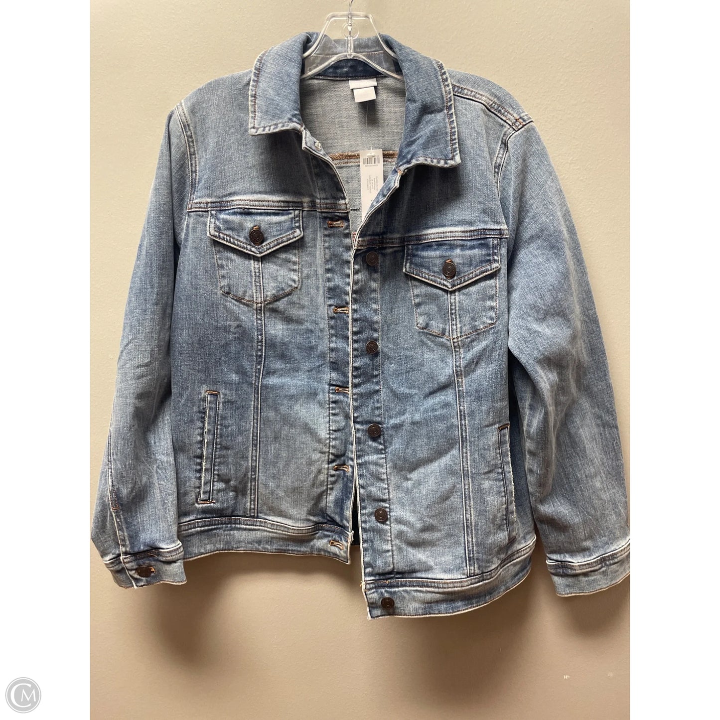 Jacket Denim By Chicos In Blue Red & White, Size: L