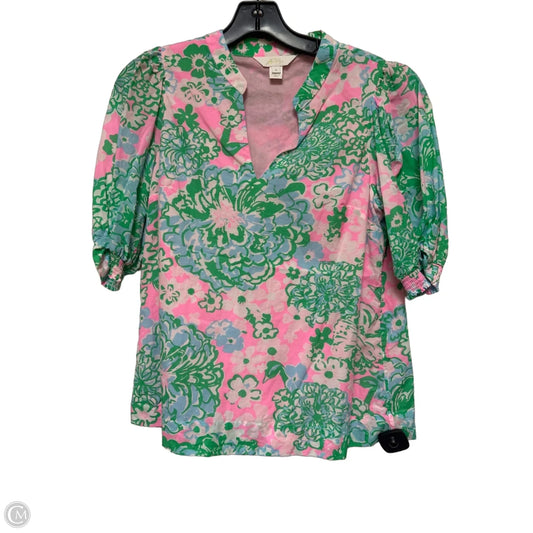 Top Short Sleeve Designer By Lilly Pulitzer In Green & Pink, Size: S