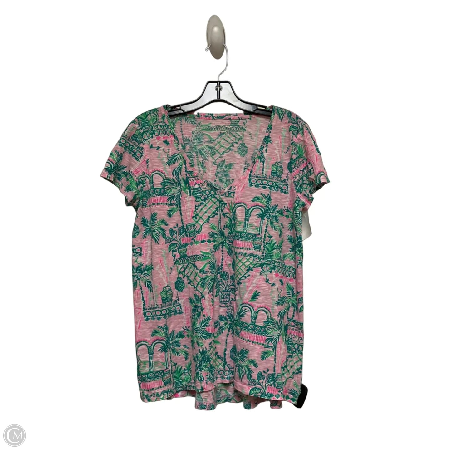 Top Short Sleeve Designer By Lilly Pulitzer In Green & Pink, Size: M