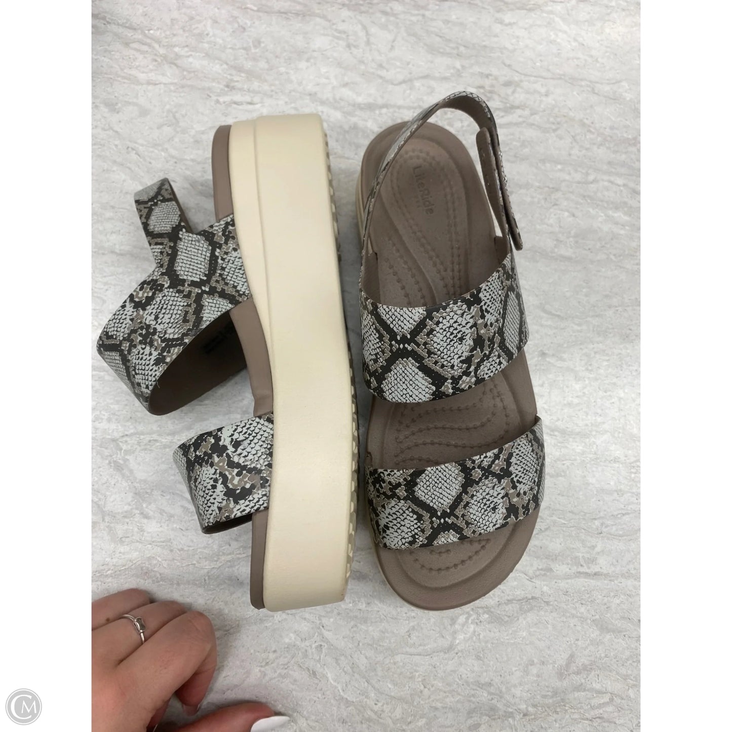 Sandals Heels Wedge By Crocs In Snakeskin Print, Size: 7