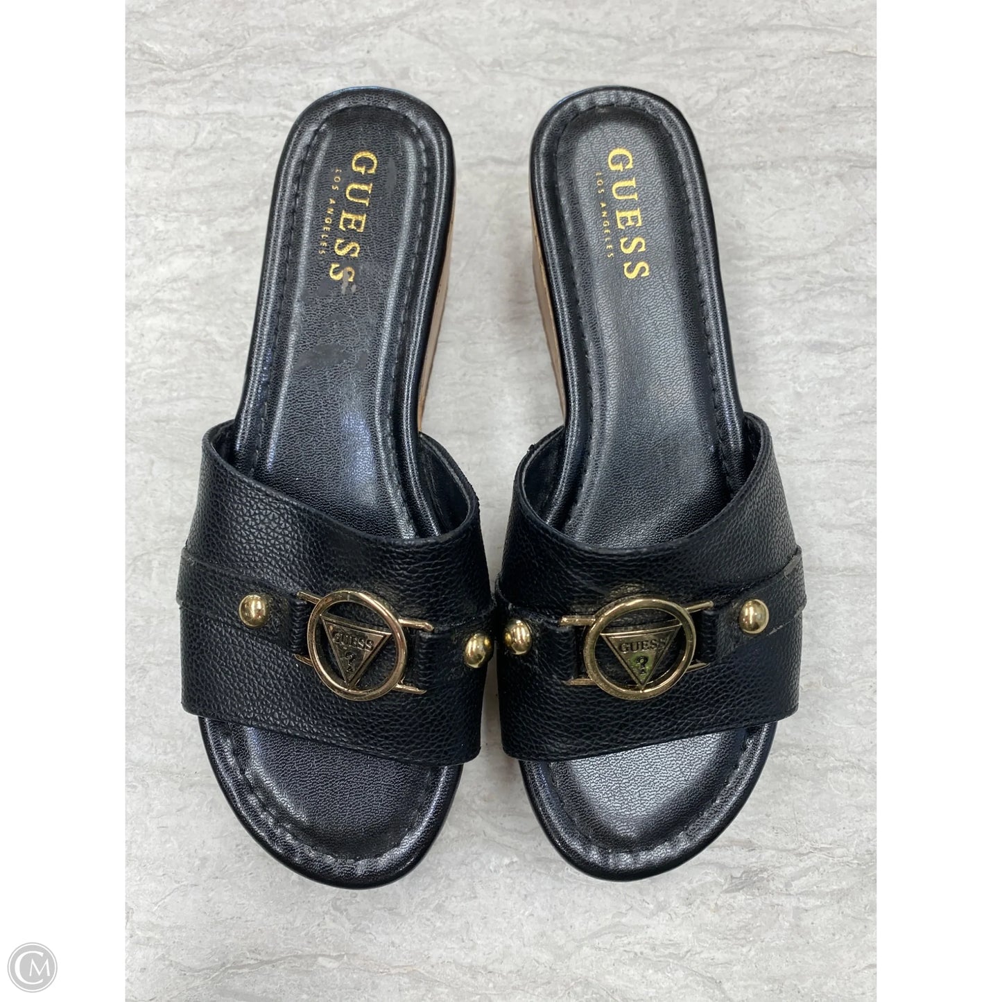 Sandals Heels Platform By Guess In Black & Gold, Size: 7