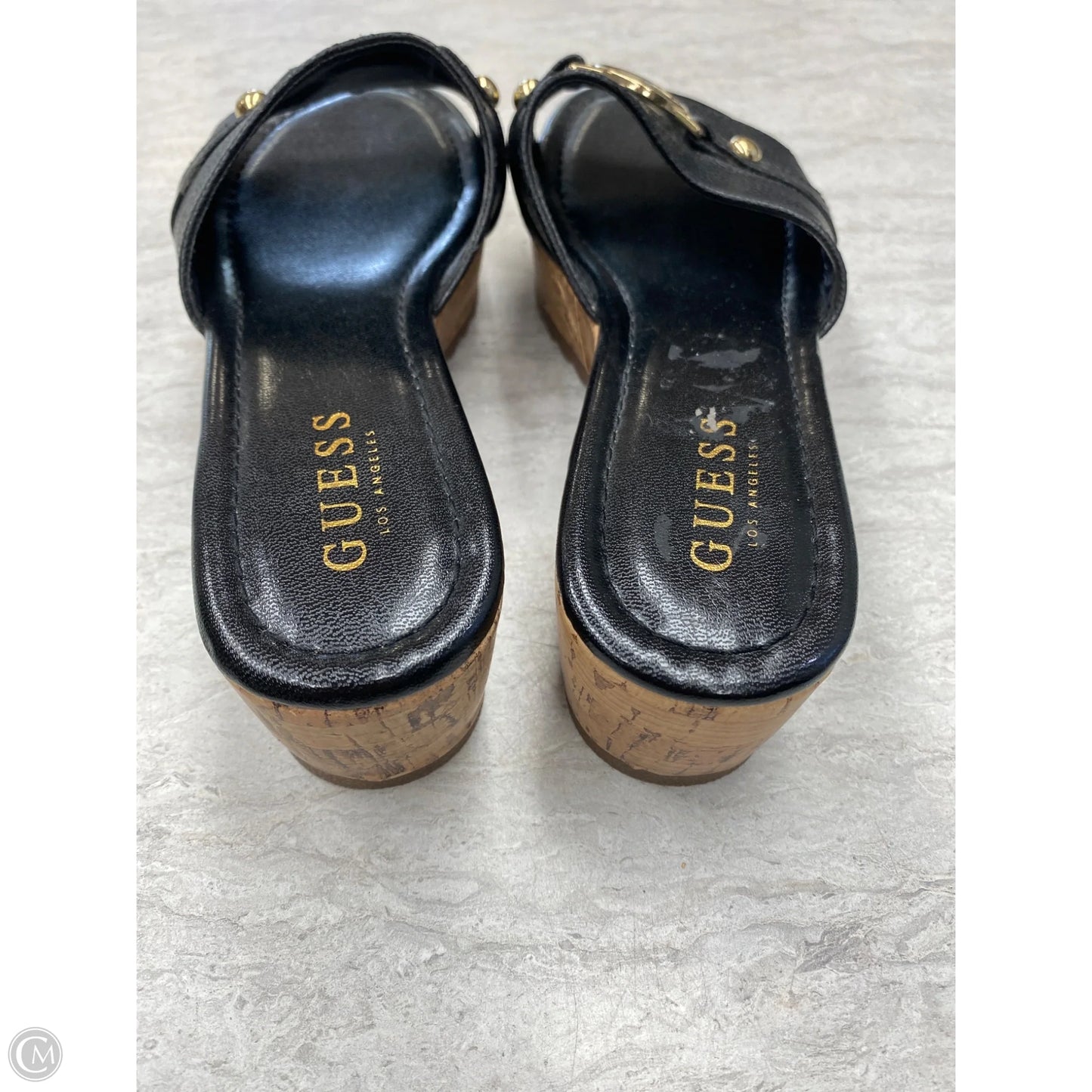 Sandals Heels Platform By Guess In Black & Gold, Size: 7