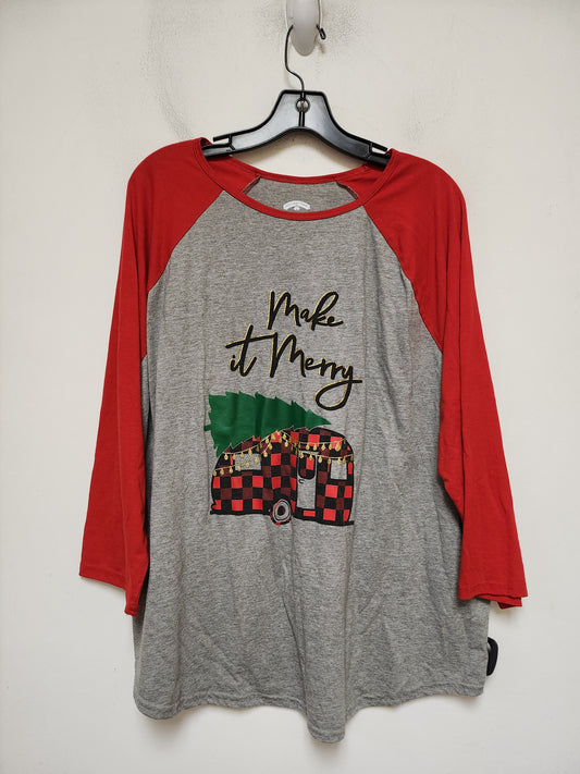 Top Long Sleeve Basic By Holiday Time In Grey & Red, Size: 1x