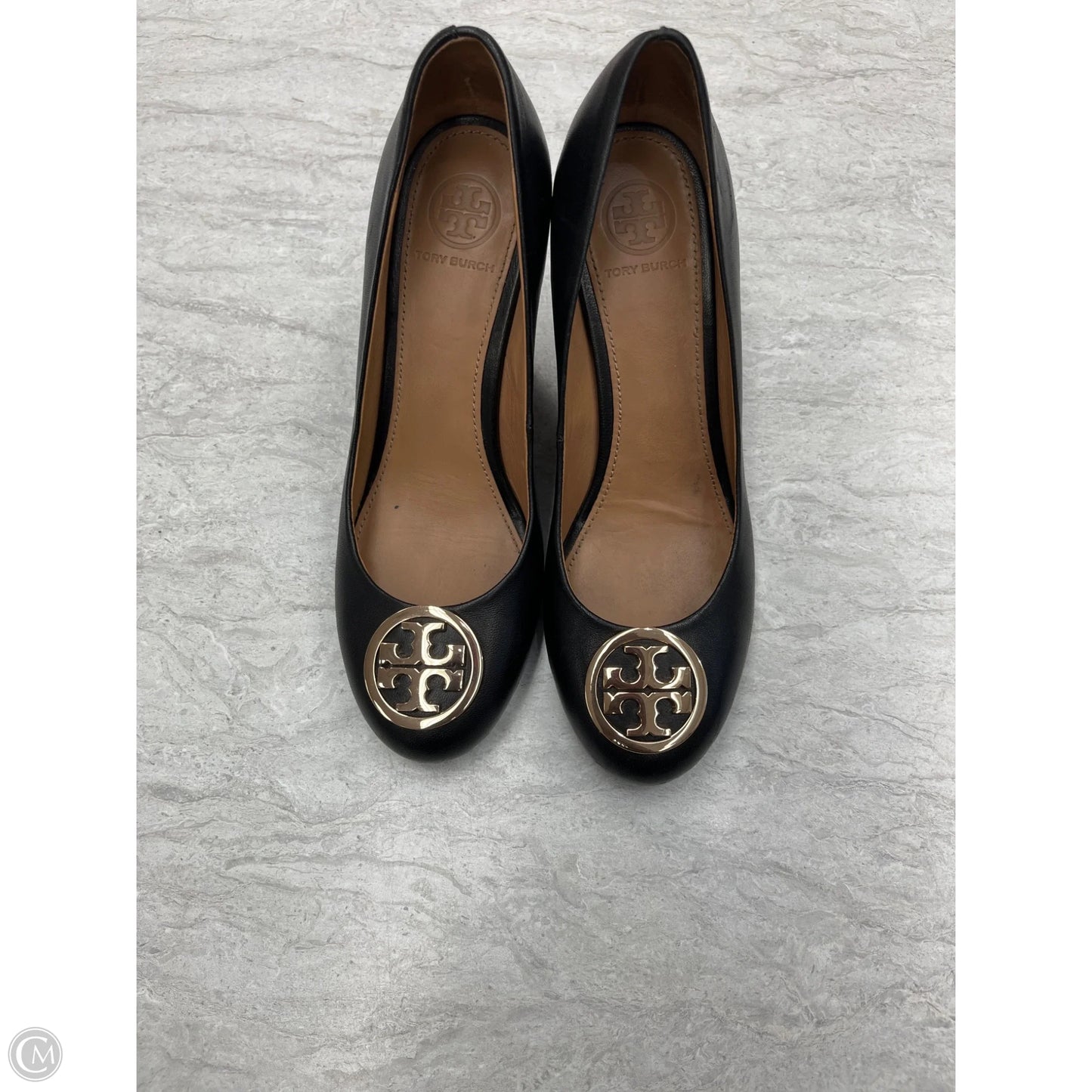Shoes Designer By Tory Burch In Black & Gold, Size: 5