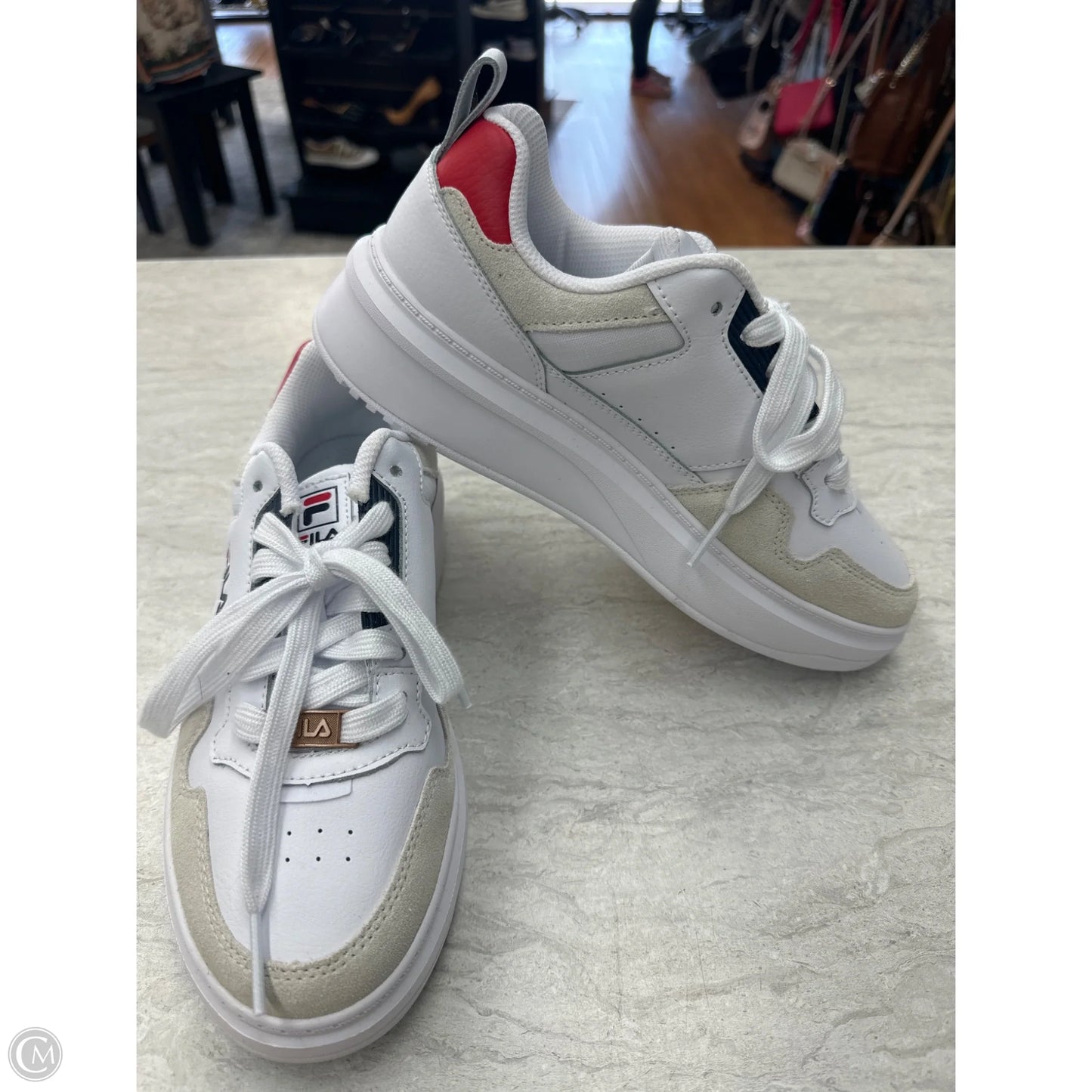 Shoes Sneakers By Fila In White & Yellow, Size: 7.5
