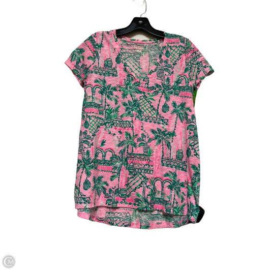Top Short Sleeve Designer By Lilly Pulitzer In Green & Pink, Size: S